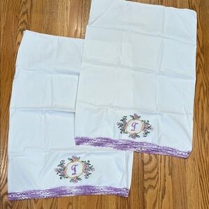 Vtg Pr Monogram F & Floral Pillowcases Variegated Purple Crochet Edge 29.25 X20